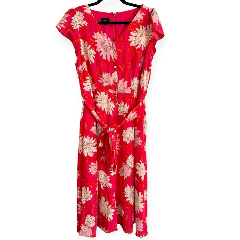 Talbots Pink Floral Button Front Belted Midi Dress Size 8 Petite